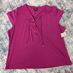 NWT I.N.C. International Concepts Plum Magenta S/S Lace Up Blouse Top Size 3X